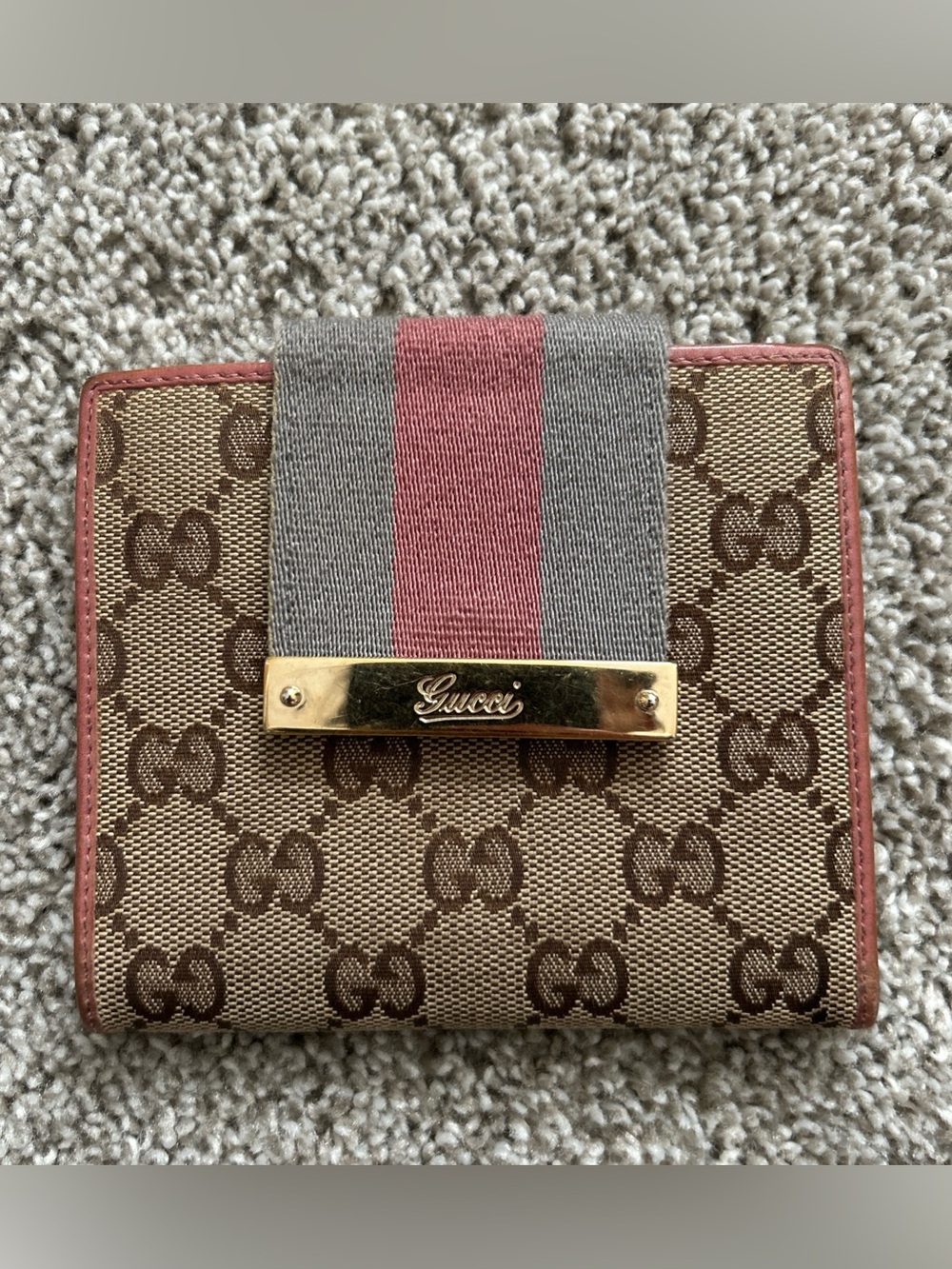 Gucci GG Monogram Brown Tan Web bifold Compact Flap Wallet Pink Grey